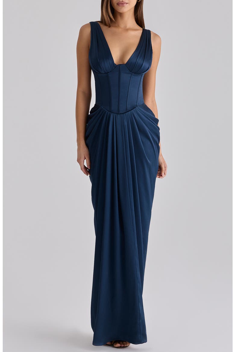Angeline Sleeveless Satin Corset Gown, Main, color, NAVY