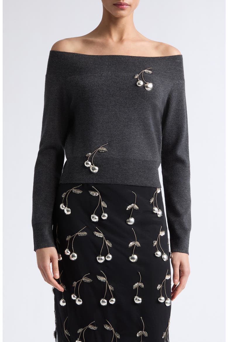 Cherry Off the Shoulder Merino Wool Sweater, Main, color, DARK CHARCOAL