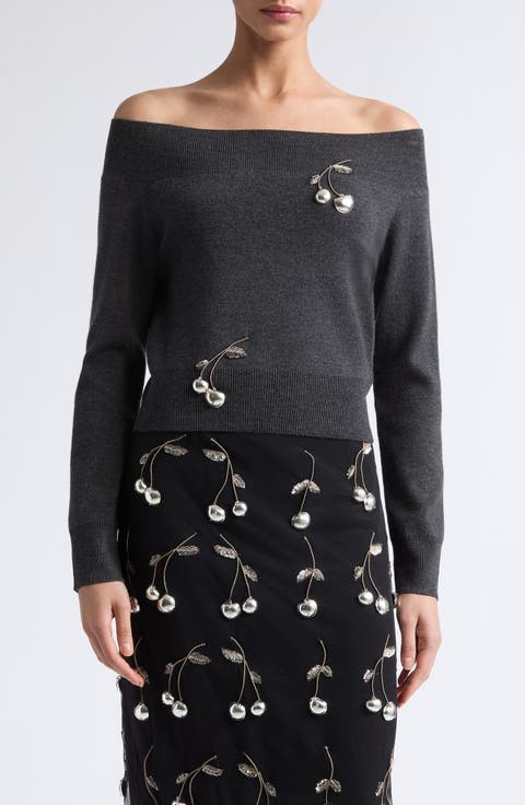 Cherry Off the Shoulder Merino Wool Sweater