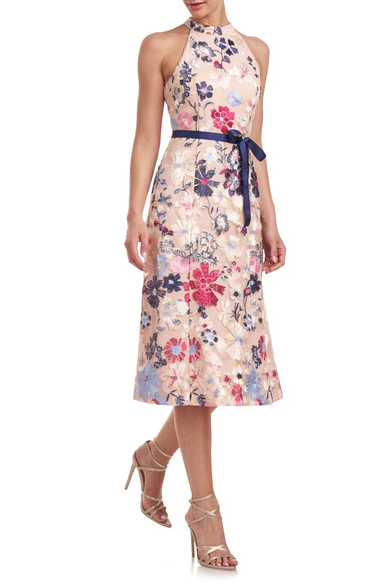 Eleanor Embroidered Floral Cocktail Midi Dress, Alternate, color, ROSE GOLD MULTI
