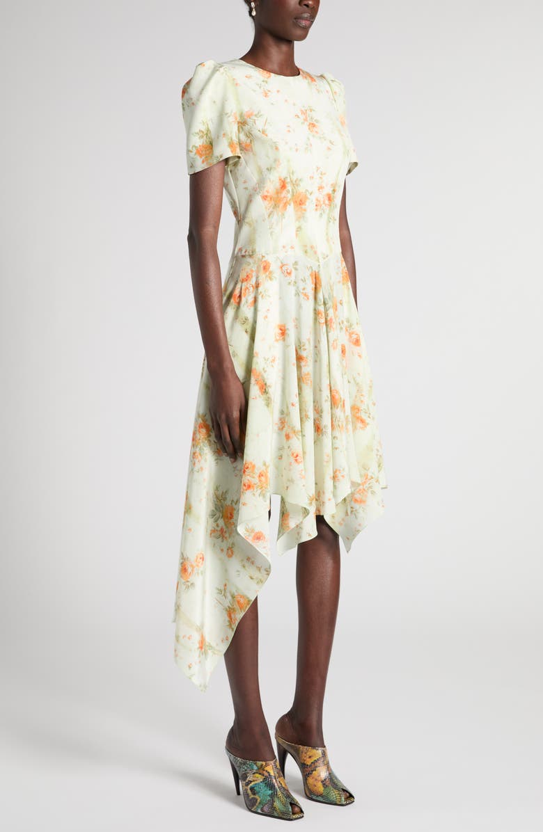 McQueen Floral Print Asymmetric Hem Silk Dress, Alternate, color, Stone - Tangerine