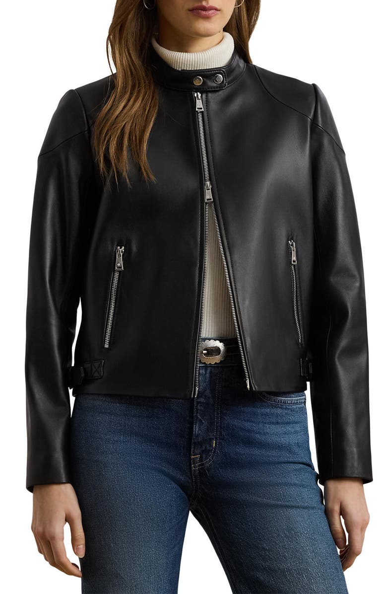Lauren Ralph Lauren Lambskin Leather Jacket, Main, color, Black
