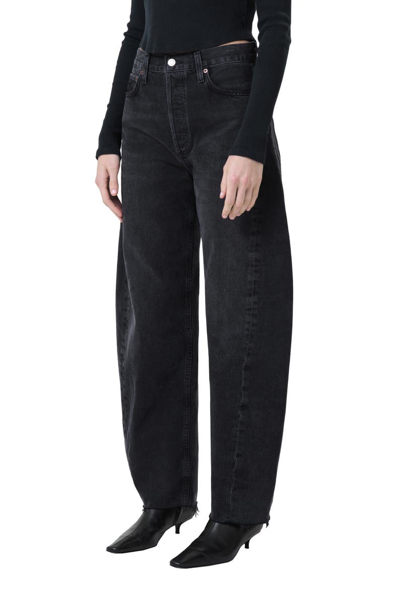 Luna Pieced High Waist Raw Hem Organic Cotton Barrel Jeans, Main, color, POSSESS
