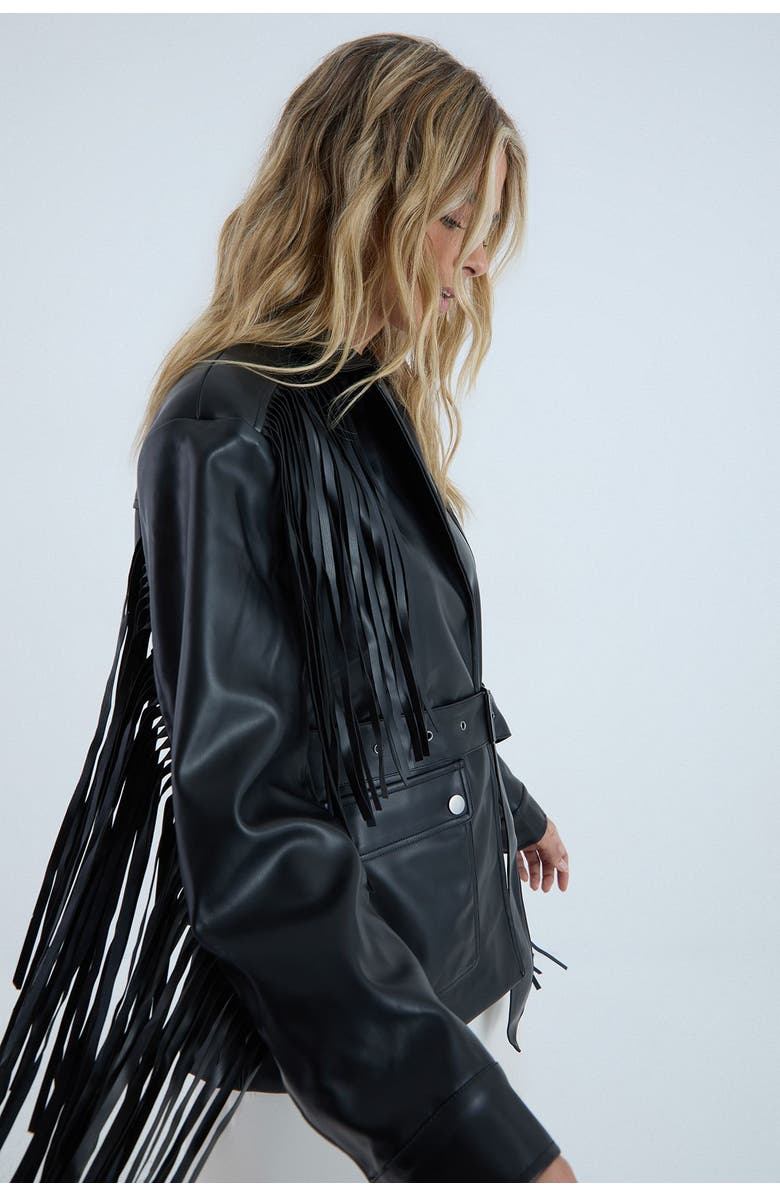NASTY GAL Fringe Faux Leather Belted Jacket, Alternate, color, Black