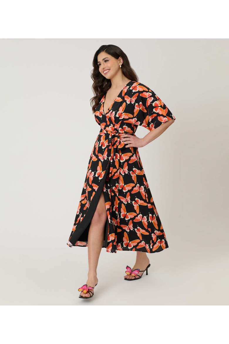 1970s Wrap Midi Dress, Alternate, color, Black w/ Red Butterfly Print