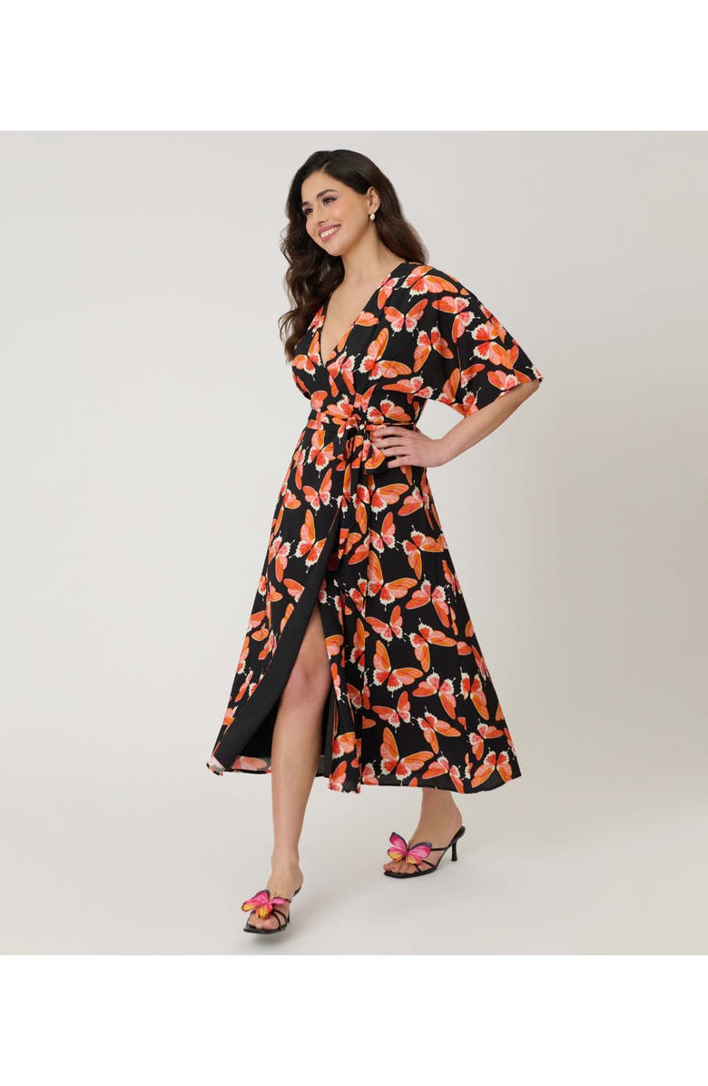 Unique Vintage 1970s Wrap Midi Dress, Alternate, color, Black W/ Red Butterfly Print