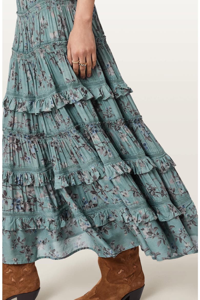 Talia Floral Tiered Skirt, Alternate, color, VINE LAKE BLUE