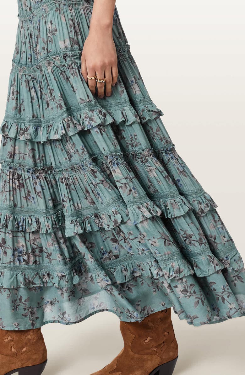 AllSaints Talia Floral Tiered Skirt, Alternate, color, Vine Lake Blue