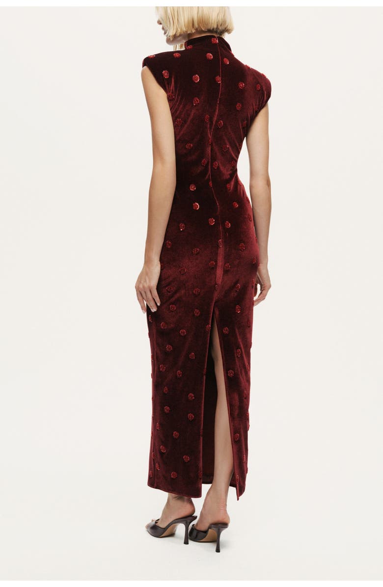 Nocturne Mandarin-Collar Velvet Midi Dress, Alternate, color, Burgundy
