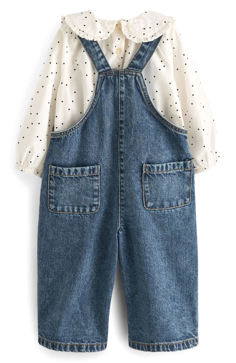 NEXT Kids' Peter Pan Collar Polka Dot Top & Denim Overalls Set, Alternate, color,