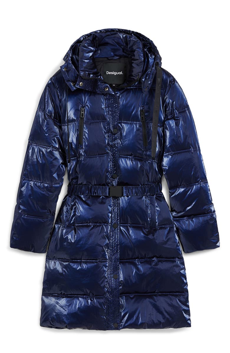 Desigual Iridescent Puffer Longline Hooded Coat, Alternate, color, Blue