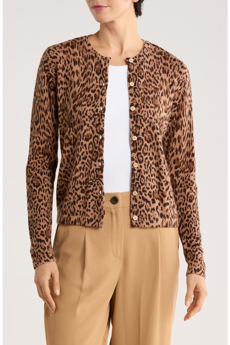 Leopard Print Wool & Cashmere Blend Cardigan, Main, color, CAMEL
