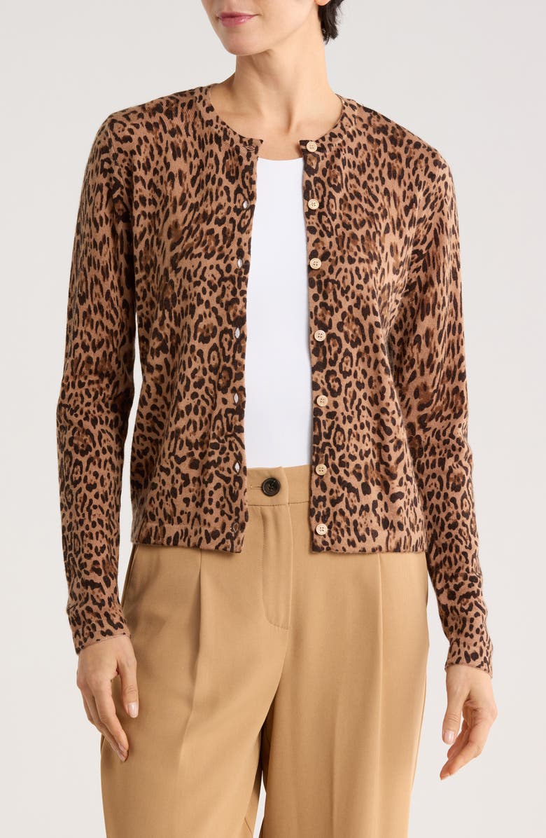 Sofia Cashmere Leopard Print Wool & Cashmere Blend Cardigan, Main, color, Camel