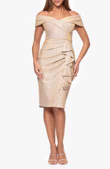 Xscape Evenings Metallic Ruffle Detail Off the Shoulder Cocktail Dress