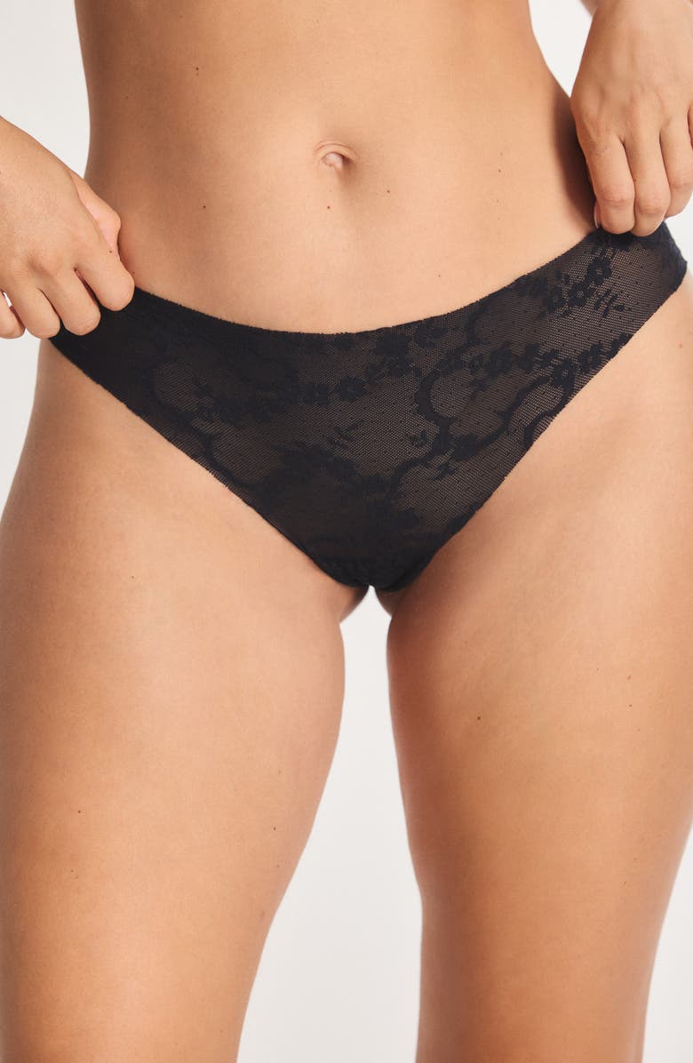 SAVAGE X FENTY No-Show Lace Thong, Main, color, Black Caviar