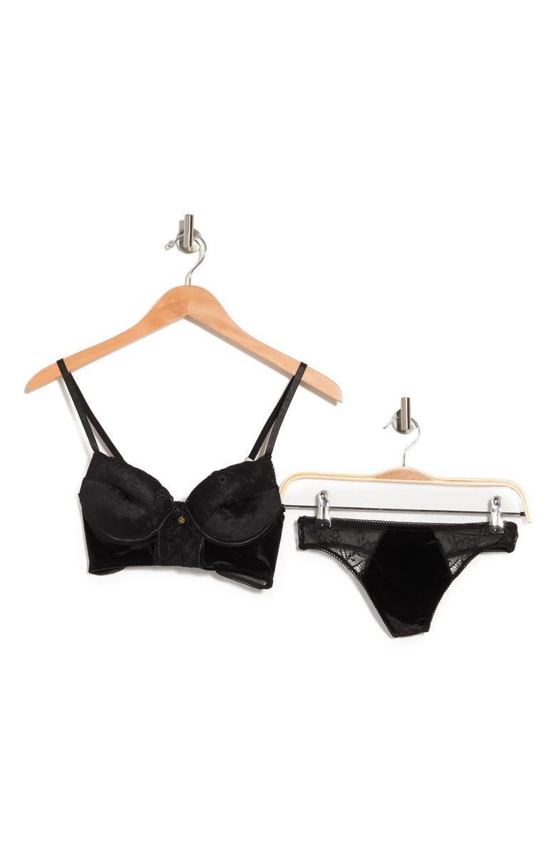 DAISY FUENTES Velvet Lace Underwire Longline Bra & Thong 2-Piece Set, Alternate, color, 