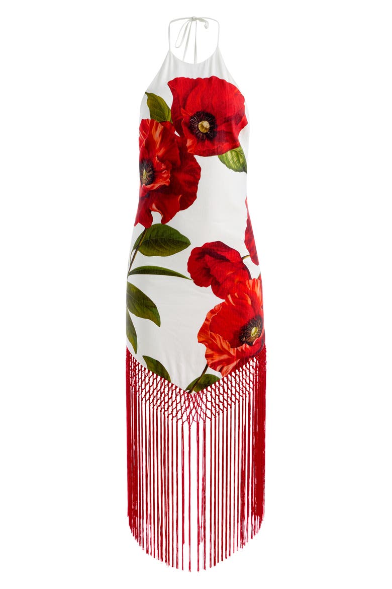 Mallory Fringe Halter Linen Blend Maxi Dress, Alternate, color, SUMMER POPPY