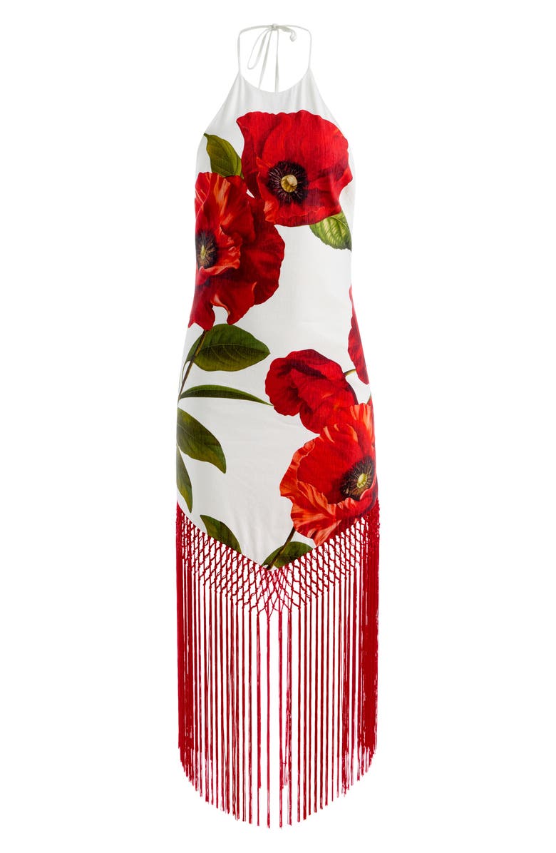 Alice + Olivia Mallory Fringe Halter Linen Blend Maxi Dress, Alternate, color, Summer Poppy