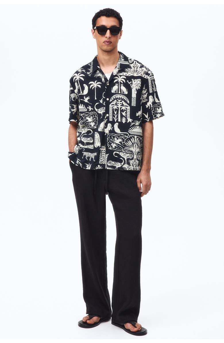 H&M Relaxed Fit Printed Resort Shirt, Alternate, color, Black