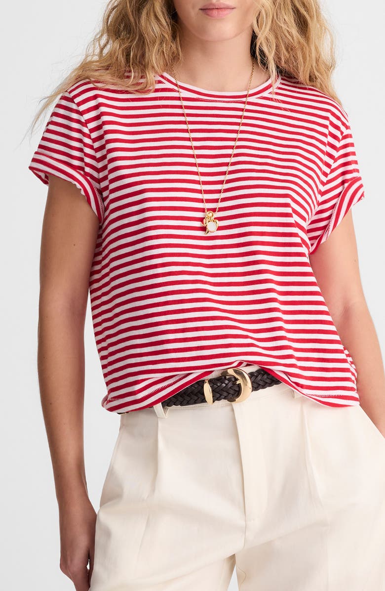 Madewell Stripe Boxy Crop Slub T-Shirt, Main, color, Festival Red