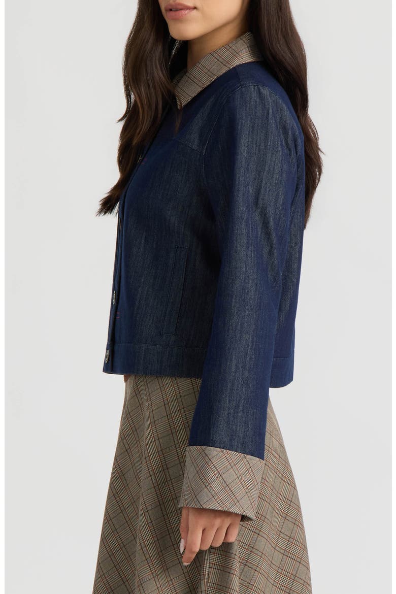 Plaid Detail Denim Jacket, Alternate, color, DARK INDIGO DENIM