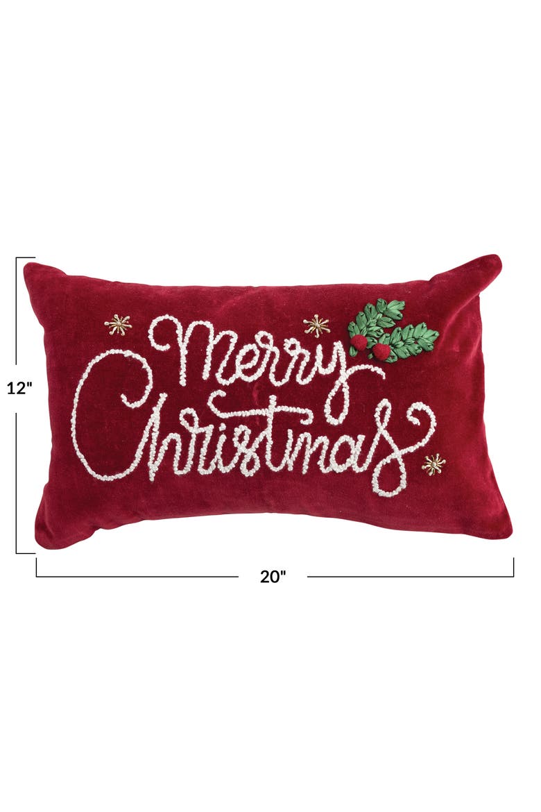 "Merry Christmas" Cotton Velvet Lumbar Pillow, Alternate, color, Burgundy, Green and White