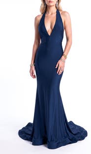 Jessica Angel Rhinestone Open-Back Halter Mermaid Evening Gown