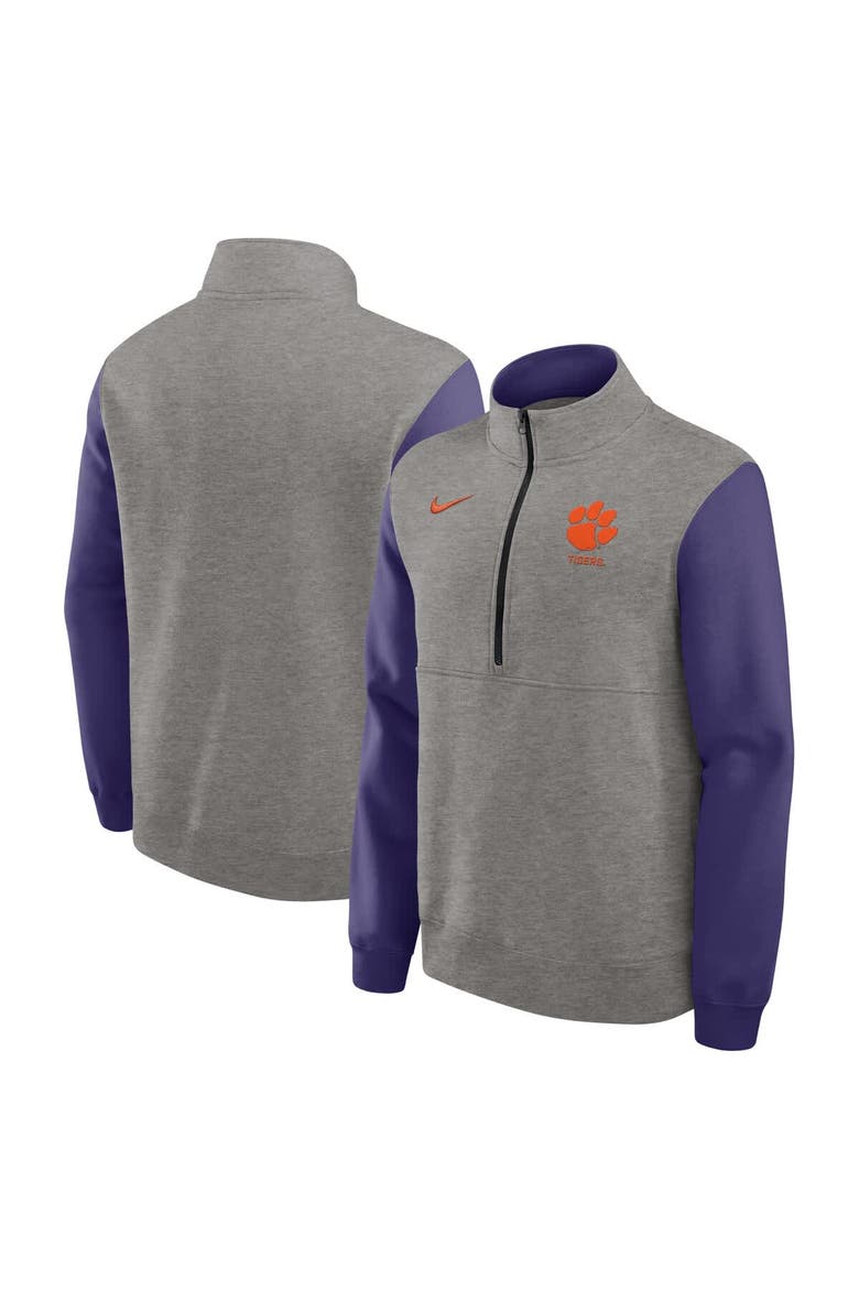 Men's Nike Heather Gray/Purple Clemson Tigers Club Fleece Half-Zip Pullover, Main, color, Heather Gray