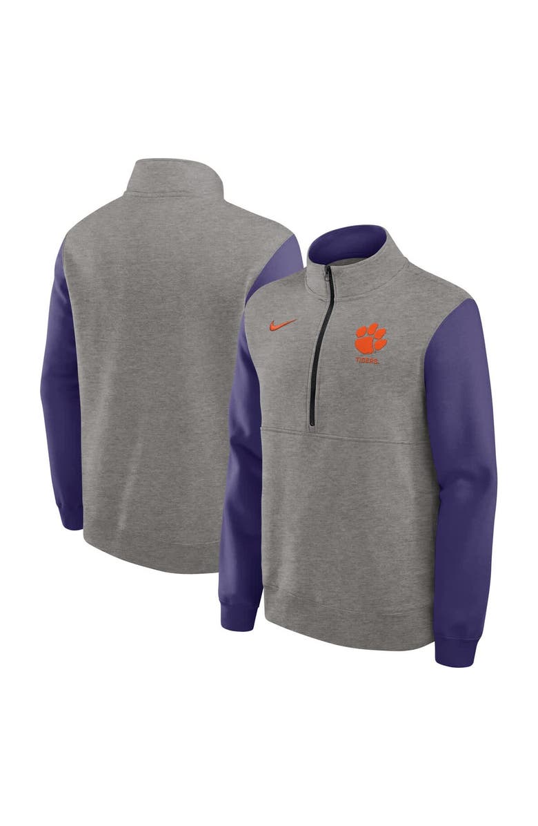 Nike Men's Nike Heather Gray/Purple Clemson Tigers Club Fleece Half-Zip Pullover, Main, color, Heather Gray