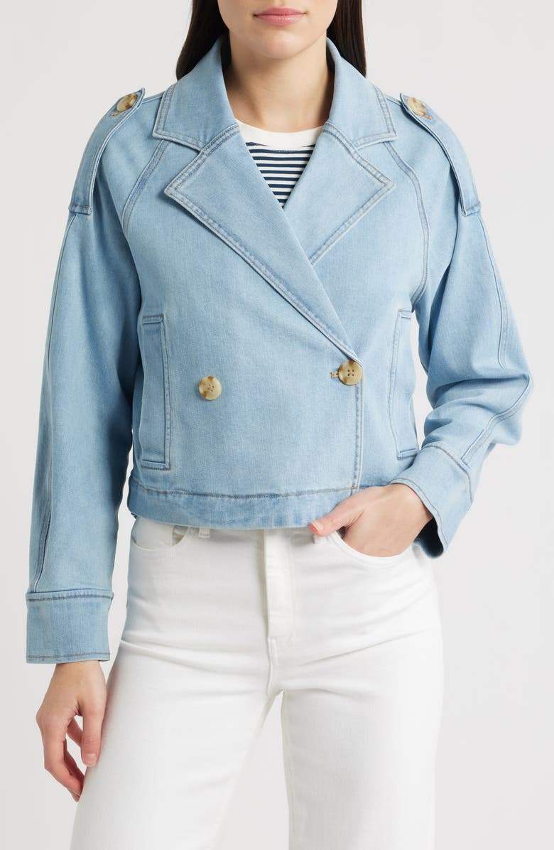 CITY BLUES Double Breasted Denim Crop Trench Jacket, Alternate, color, Vintage Wash