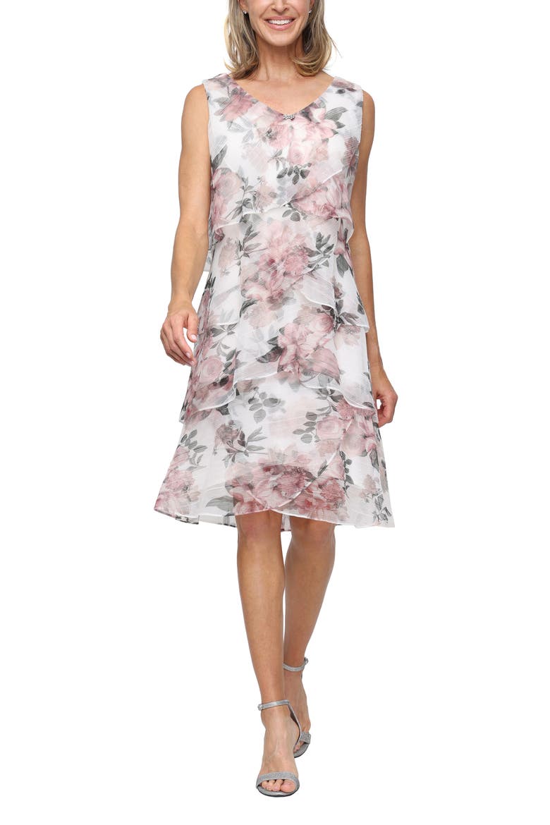 Tiered Floral Shimmer Cocktail Dress with Jacket, Alternate, color, BLUSH MULTI
