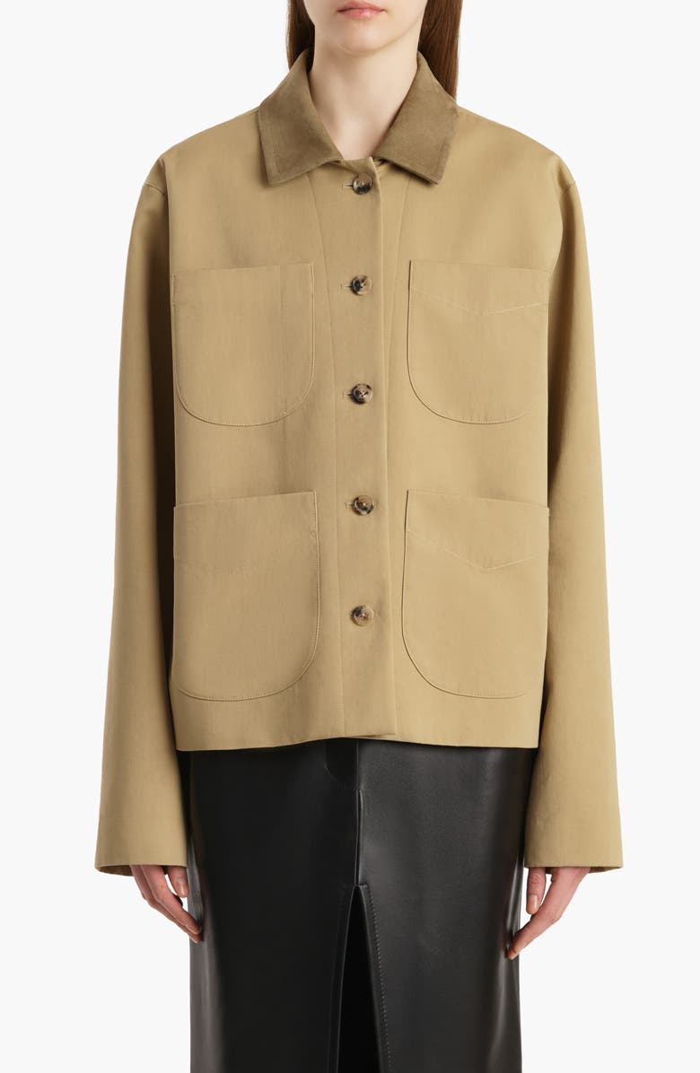 Khaite Wyatt Suede Collar Cotton Gabardine Chore Coat, Main, color, Wheat