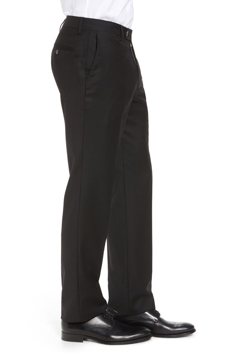 Berle Flat Front Modern Fit Gabardine Stretch Wool Trousers, Alternate, color, Black