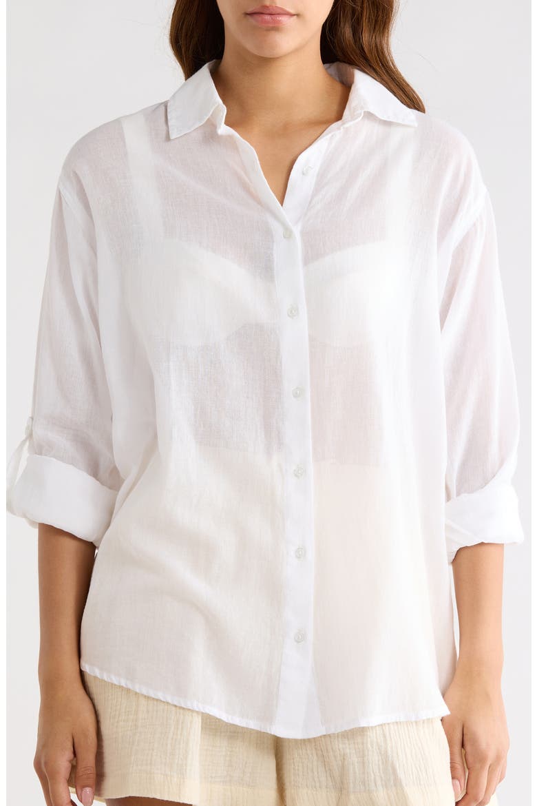 Printed Semisheer Cotton Button-Up Cover-Up Shirt, Alternate, color, WHITE