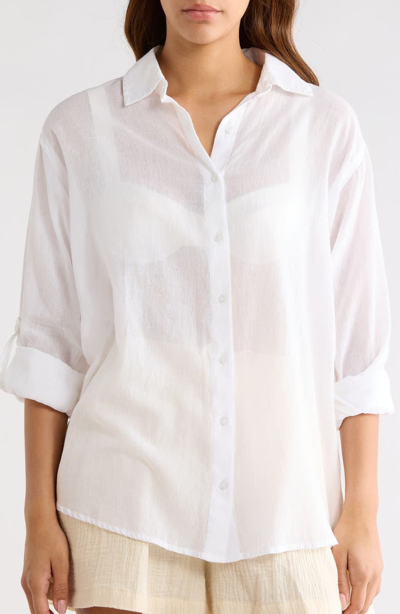 Elan Printed Semisheer Cotton Button-Up Cover-Up Shirt, Alternate, color, White