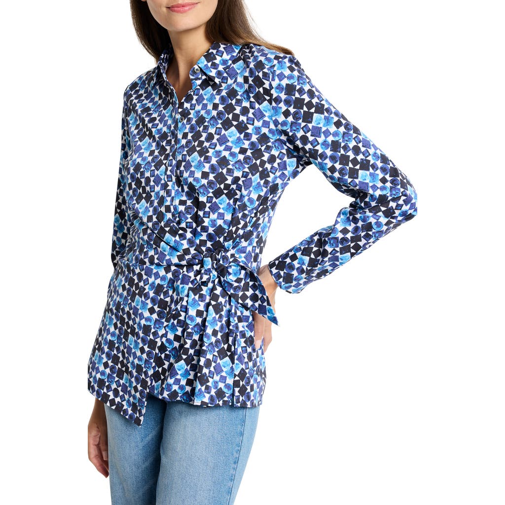 Nic + Zoe Nic+zoe Baubles Side Tie Stretch Cotton Shirt In Blue Multi