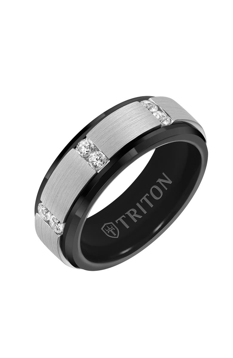 Triton 8MM Tungsten Diamond Ring with Vertical Channel Set Silver Satin Finish and Bevel Edge, Main, color, 