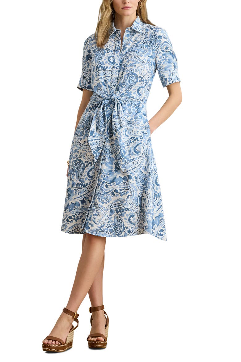 Paisley Print Linen Shirtdress, Main, color, WHITE/ BLUE