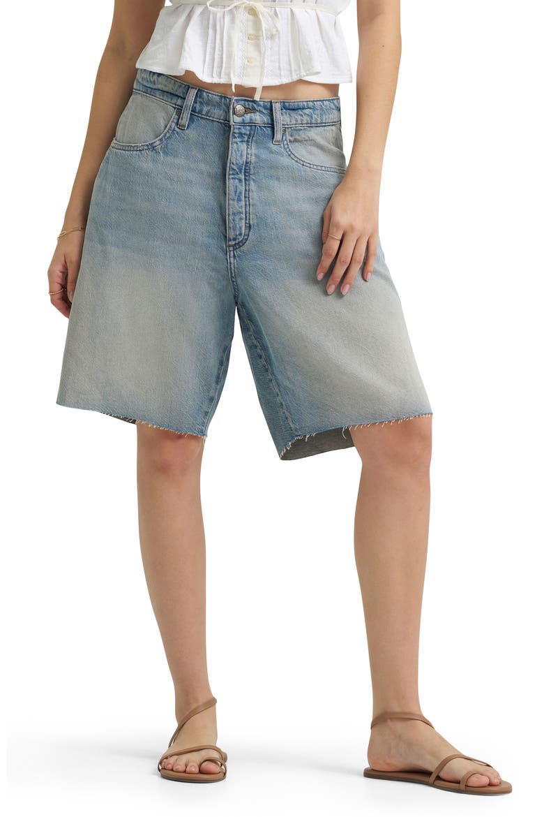 Darted Slouch Raw Hem Denim Bermuda Shorts, Main, color, WARM OCEAN