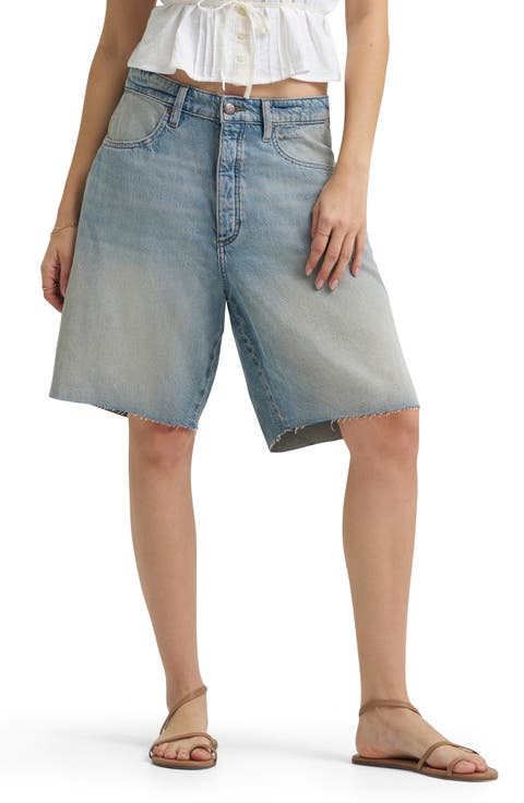 Darted Slouch Raw Hem Denim Bermuda Shorts (Warm Ocean)