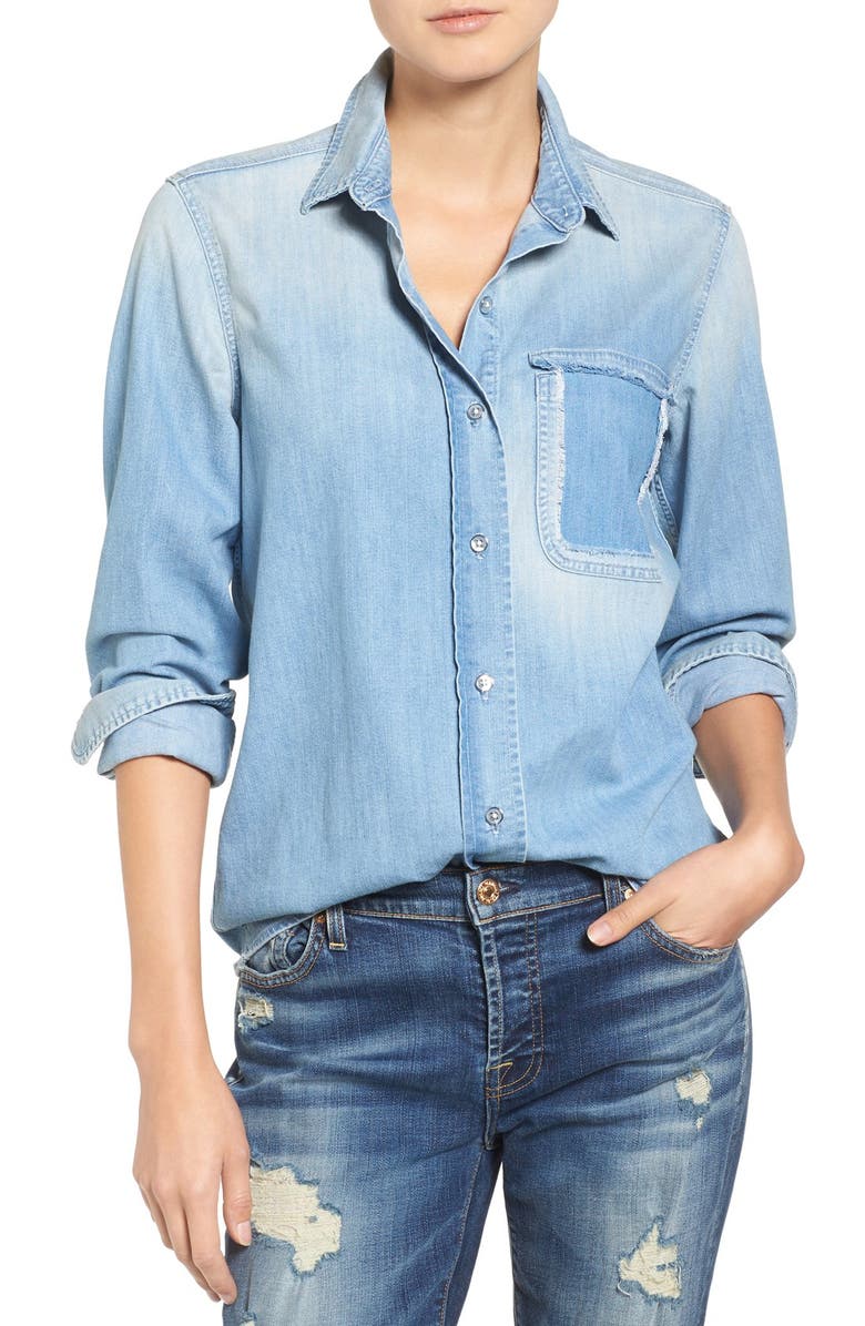7 For All Mankind <sup>®</sup> Torn Pocket Denim Boyfriend Shirt, Main, color, 