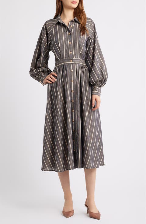 Stripe Pleated Long Sleeve Midi Shirtdress