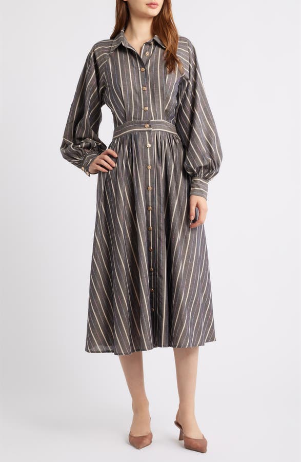 Stripe Pleated Long Sleeve Midi Shirtdress