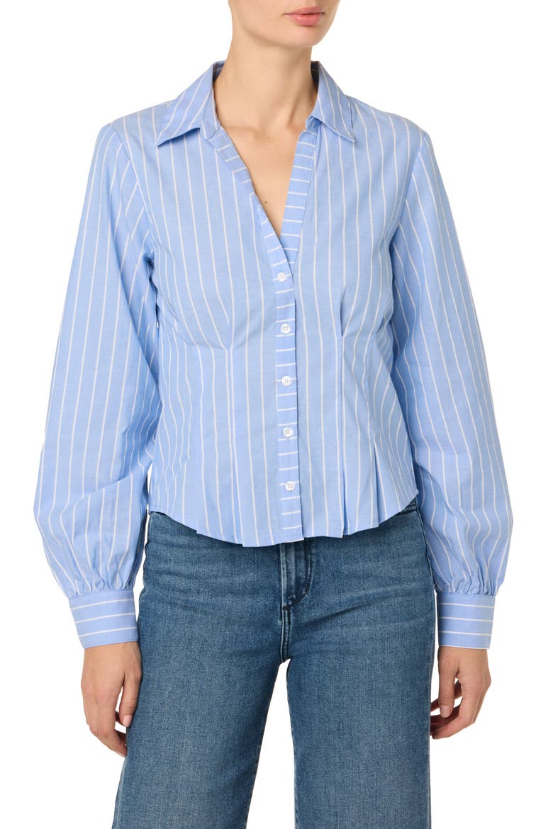 Stripe Pleated Cotton Button-Up Shirt, Main, color, BLUE/WHITE STRIPES