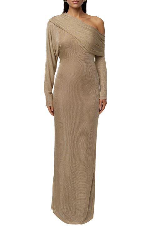 Drape & Shine Metallic One-Shoulder Long Sleeve Knit Dress