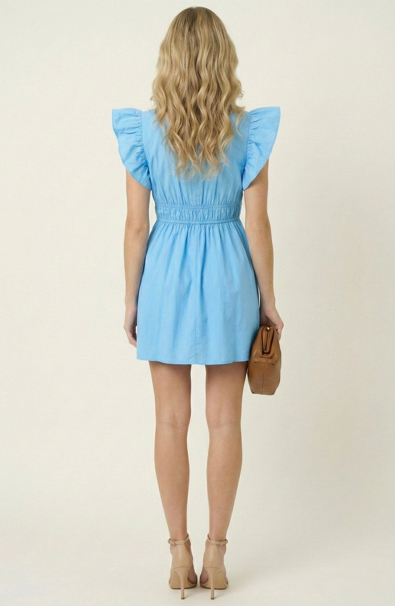 Modenaire Smocked Mini Dress with Ruffle Sleeves and Front Tie Detail, Alternate, color, Blue