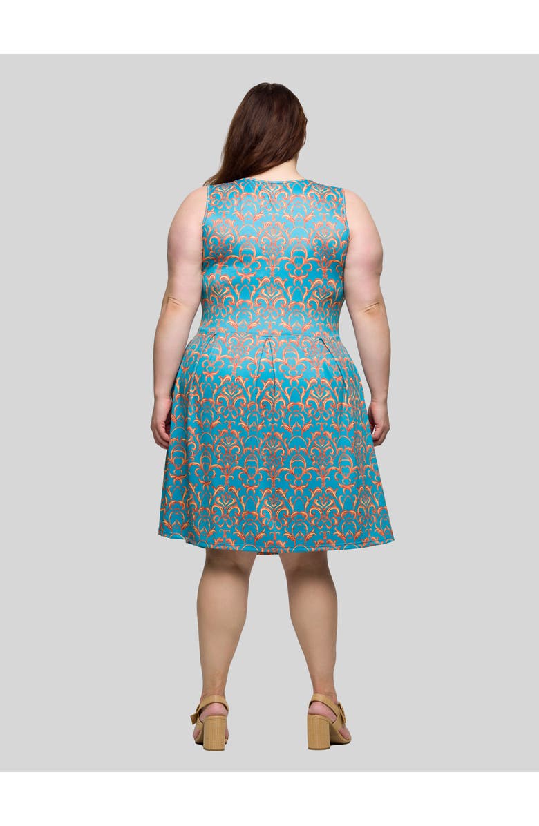 24seven Comfort Apparel Plus Size Sky Blue Abstract Print Sleeveless Pleated Knee Length Pocket Dress, Alternate, color, Blue Multi