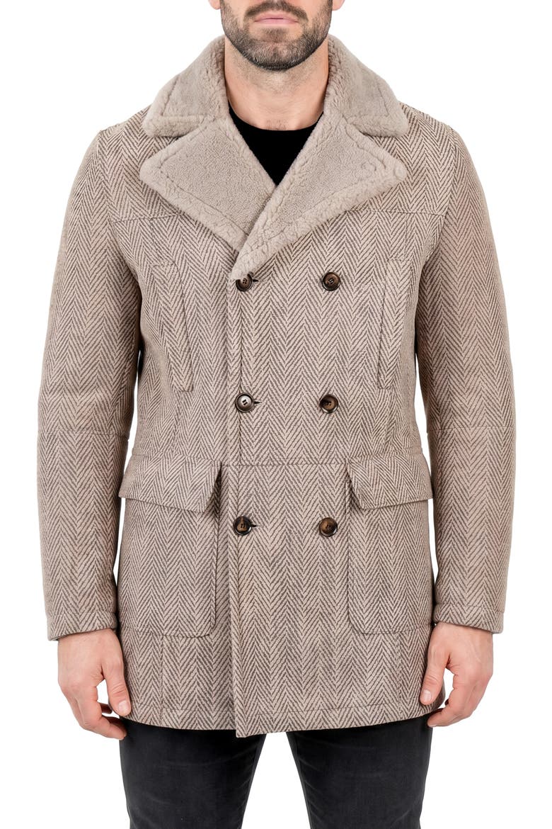 Captain Herringbone Genuine Shearling Peacoat, Alternate, color, BEIGE