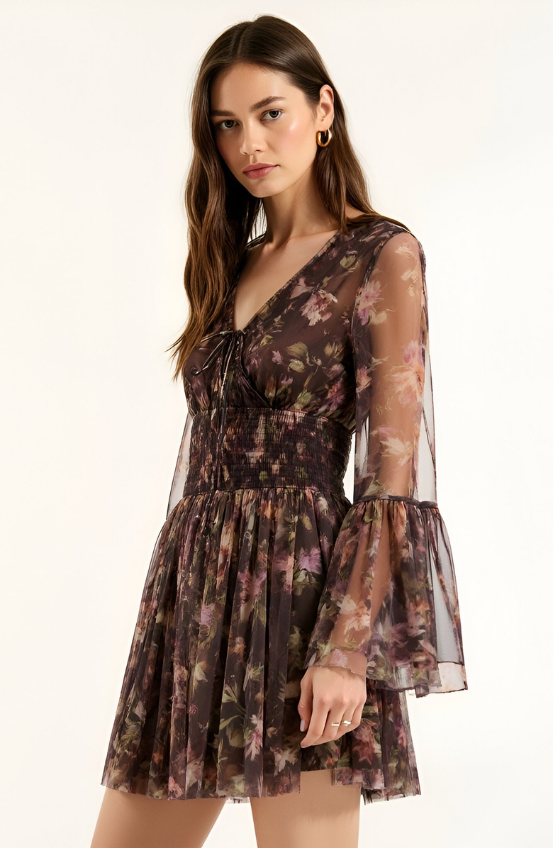 Modenaire Floral Long Sleeve Mini Dress with Smocked Waist and Flared Skirt, Alternate, color, Brown Floral