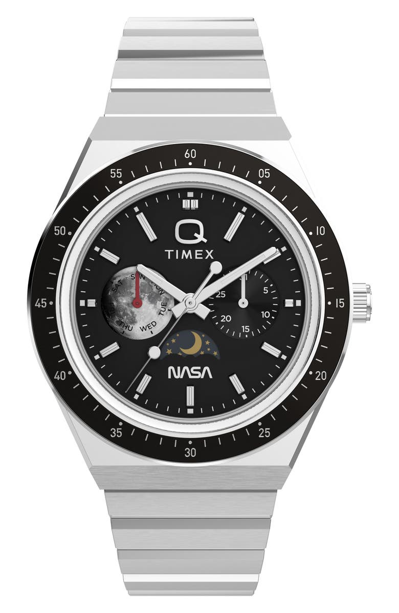 Timex<sup>®</sup> Q Timex NASA 40mm Stainless Steel Bracelet Watch, Main, color, Silver-Tone